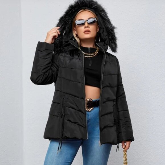SHEIN Black Hooded Puffer Coat Size XL - Picture 1 of 8